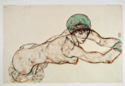 Jobbra fekvő akt nő zöld főkötővel (akvarell és ceruza) alkotó: Egon Schiele