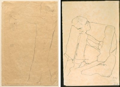 Meztelen férfi felemelt karokkal (recto) ülő férfi (verso) alkotó: Egon Schiele