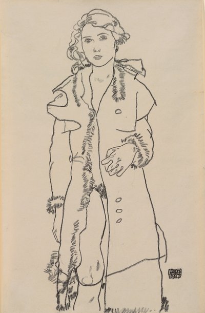 Meztelen szőrmével díszített kabáttal; Meztelen lány prémes kabáttal, 1917 alkotó: Egon Schiele