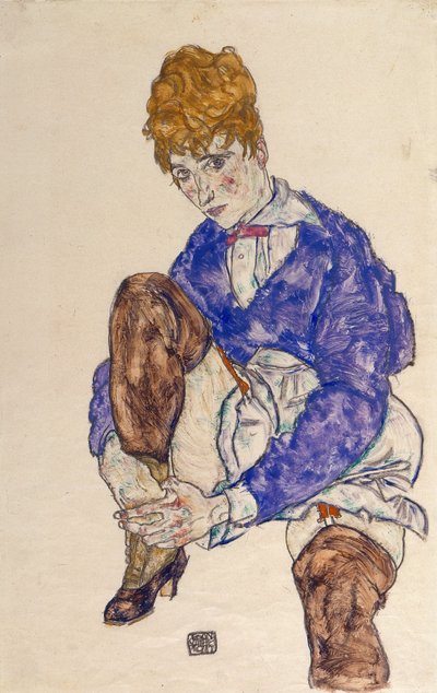 A művész feleségének portréja, ülő helyzetben, miközben jobb lábát fogja alkotó: Egon Schiele