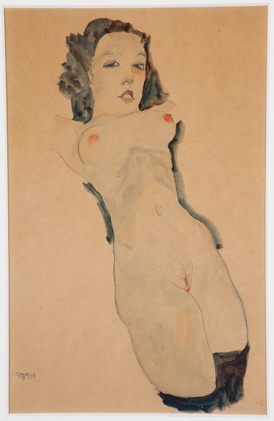 Fekvő akt fekete harisnyával; Fekvő akt fekete harisnyával, 1911 alkotó: Egon Schiele