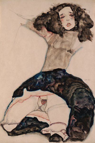 Fekete hajú lány, akinek a szoknyája felcsúszott alkotó: Egon Schiele