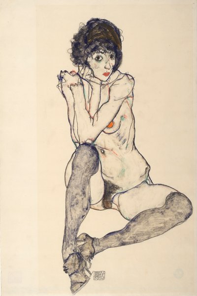 Ülő női akt, könyökök a jobb térdre támaszkodva, 1914. alkotó: Egon Schiele