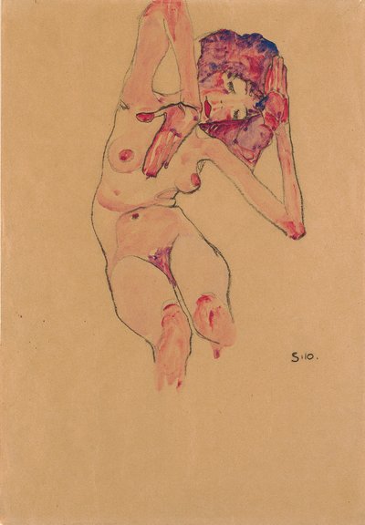 Ülő női akt lehajtott fejjel és felemelt karokkal; Meztelenül ülve, lehajtott fejjel és felemelt karral, 1910 alkotó: Egon Schiele