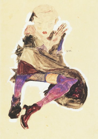 Ülő lány csíkos harisnyával; Ülő lány csíkos harisnyával, 1910 alkotó: Egon Schiele