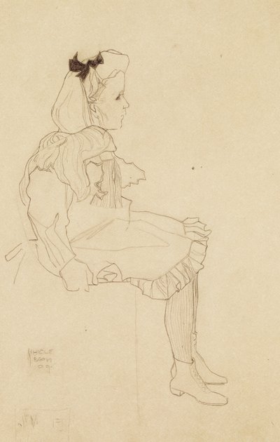Ülő lány masnival a hajában, 1909 alkotó: Egon Schiele