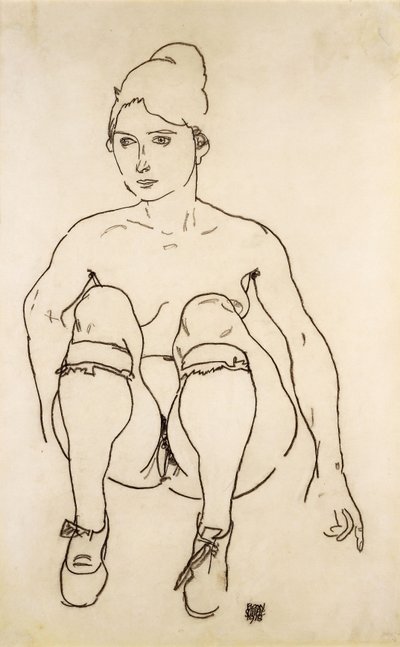 Ülő akt cipővel és harisnyával; Ülő akt cipővel és harisnyával, 1918 alkotó: Egon Schiele