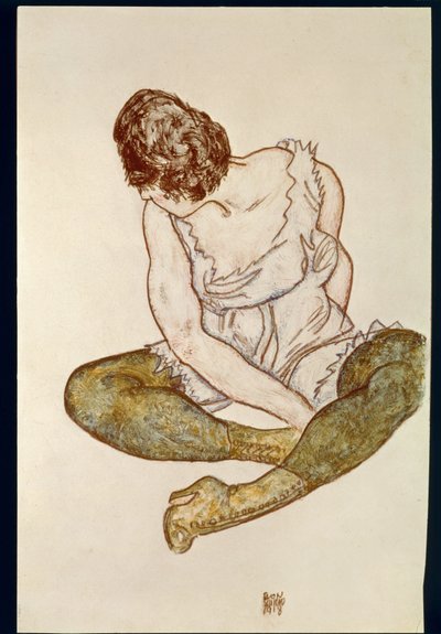 Ülő nő zöld harisnyával ... (akvarell és fekete zsírkréta) alkotó: Egon Schiele