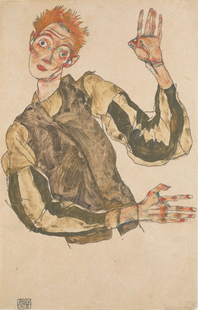 Önarckép csíkos karvédőkkel alkotó: Egon Schiele