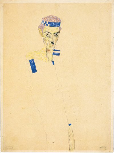 Önarckép kék kockás fejpánttal, 1909. alkotó: Egon Schiele