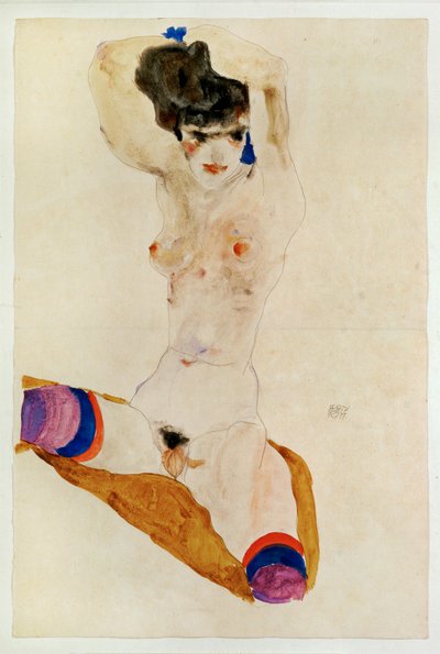Ülő meztelen lány a feje fölött ... (akvarell és ceruza) alkotó: Egon Schiele