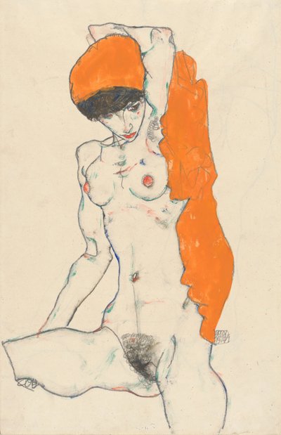 Álló akt narancssárga drapériával, 1914 (wc, gouache és grafit papíron) alkotó: Egon Schiele