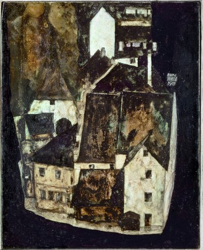 Tote Stadt III (Stadt am blauen Fluss III) [Halott város Iii (Város a kék folyón III)], ... (olaj és gouache, fa) alkotó: Egon Schiele