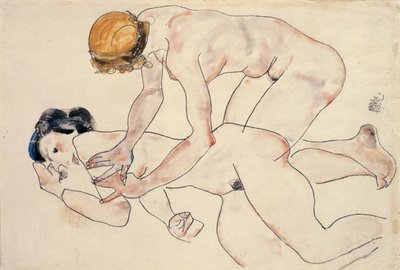 Két női akt, fekvő és térdelő alkotó: Egon Schiele