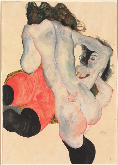 nő piros nadrággal és álló női akt; Fekvő nő piros nadrágban, álló női akt, 1912 alkotó: Egon Schiele