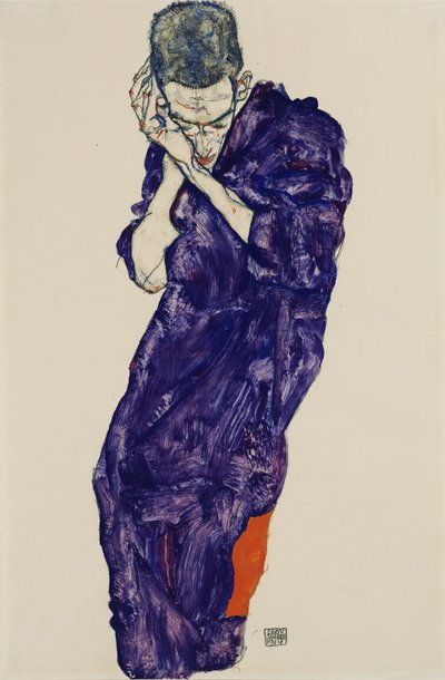 Fiatalok lila revénás, ölbe tett kézzel, 1914 alkotó: Egon Schiele