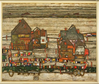 Két házblokk vászonnal vagy: Suburb (olaj, vászon) alkotó: Egon Schiele