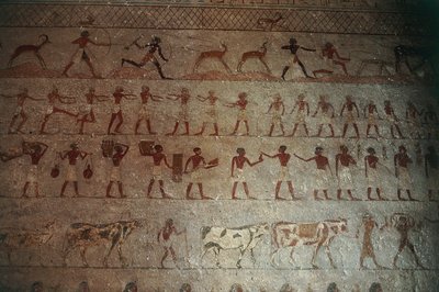 Beni-Hasan Nekropolisz. Amenemhat sírja, részlet: vadászjeleneteket és vidéki életet ábrázoló falfestmények alkotó: Egyptian 12th Dynasty