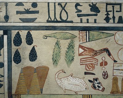 Panelrészletek, amelyek különféle ételkínálatot mutatnak be az Irinimenpu szarkofágjából alkotó: Egyptian 12th Dynasty