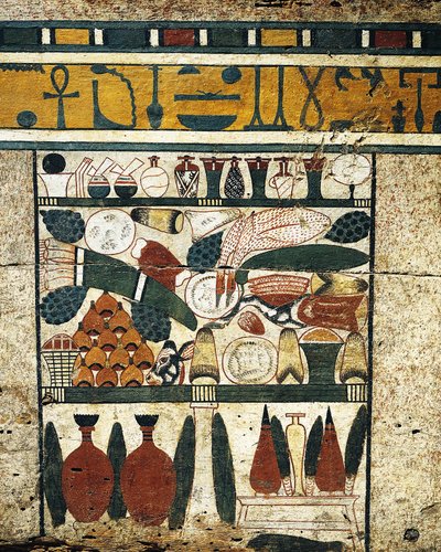 Vakolt, festett fa panel részlet halom temetési felajánlással, az Ibi szarkofágból alkotó: Egyptian 17th Dynasty