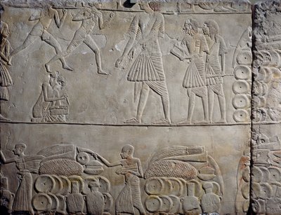 Élelmiszerek elhelyezése a raktárakban, mészkő faldombormű, Horemheb memfita sírjából Szakkarában, Egyiptomi civilizáció, Újbirodalom, XVIII. dinasztia alkotó: Egyptian 18th Dynasty