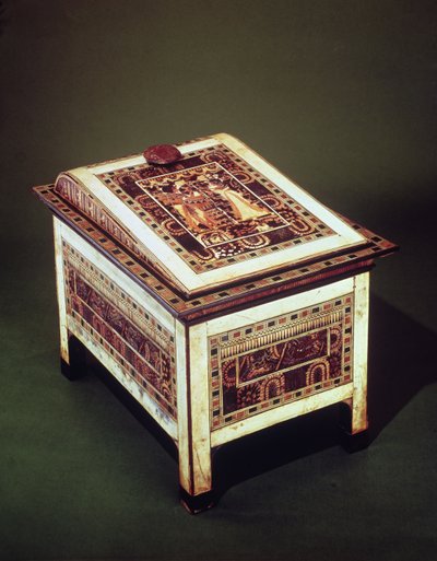 Coffer, Tutanhamon sírjából (Kr. e. 1370-1352) Új Királyság (fa, bronz, elefántcsont és színes máz) (lásd még: 220898) alkotó: Egyptian 18th Dynasty