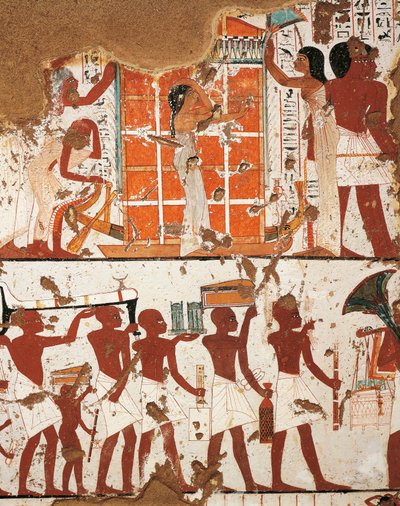 Egyiptom, Théba, El-Khokha Nekropolisz Nemesek Völgye, Nebamon és Ipouky sírja, Részlet a temetkezési csoportot és az özvegyet ábrázoló freskókról az elhunyt katafalkjával alkotó: Egyptian 18th Dynasty