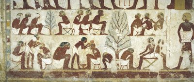 Egyiptom, Théba, Luxor, Abd al-Qurna sejk, Userhat királyi írnok sírja, előcsarnok, falfestmények, borbélyok dolgoznak platánfák alatt alkotó: Egyptian 18th Dynasty