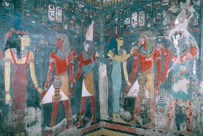 Egyiptom, Théba, Luxor, Királyok völgye, Horemheb sírja, Horemhebet ábrázoló falfestmény Isis istennő és Hórusz isten között, Újbirodalom, XVIII. dinasztia alkotó: Egyptian 18th Dynasty