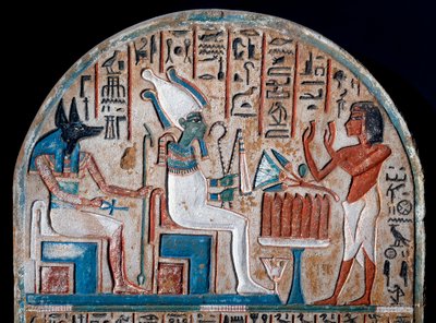 Egyiptomi antikvitás: Anubis, a halottak istensége, aki az élet kulcsát egy Ansee-kereszt (Ankh) alakjában tartja. Festett mészkő. A 18. dinasztia vége. Kr. e. 14. század. Torino, Egyiptomi múzeum - Egyiptom alkotó: Egyptian 18th Dynasty