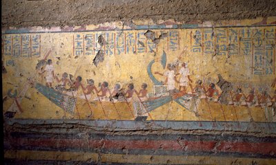 Egyiptomi antikvitás: Maia festő sírjának freskója, hajós zarándoklat Abydoson, Ozirisz idézése. 18. dinasztia. Maia kápolnájából Deir el-Medineh (el Medineh), New Empire Dim. 67 cm Torino, Egyiptomi Múzeum alkotó: Egyptian 18th Dynasty
