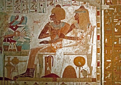 Egyiptomi antikvitás: Userhat (Ursehat) (TT56) sírját díszítő festmény, a fürdő vezető tisztviselője (18. dinasztia) képviselte őt feleségével Mutneferettel (Moutneferet) felajánlásokat (nyakláncot, tálcát lótuszvirággal és étellel). Luxor, West Ban alkotó: Egyptian 18th Dynasty