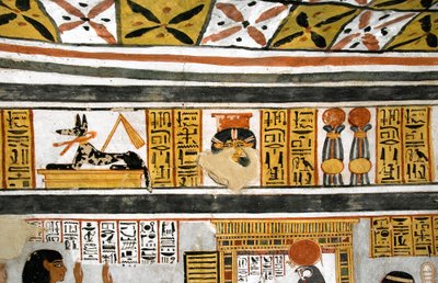 Egyiptomi ókor: Anubisz, Hathor és hieroglifák ábrázolása. Roy sírjának festménye alkotó: Egyptian 18th Dynasty