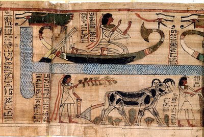Egyiptomi ókor: a néhai Aner neve Ozirisz hajóján, a szántás és a lélekmérleg (pszichosztázis) színhelye. Papirusz egy halottak könyvéből, 20. dinasztia, Thébából. Torino, egyiptomi múzeum - Ókori Egyiptom: a halottak neve alkotó: Egyptian 18th Dynasty