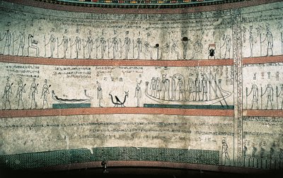 Freskók, amelyek Amduat könyvét, a napelemes hajó utazását ábrázolják a sírkamrák nyugati falán alkotó: Egyptian 18th Dynasty