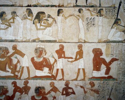 Temetési lakoma női zenészekkel, ékszerekkel díszítő hölgyekkel, férfiakkal és zenészekkel, Rekhmire sírja, Abd el Qurnah sejk nekropolisza, Luxor, Théba (az Unesco világörökségi listája) alkotó: Egyptian 18th Dynasty