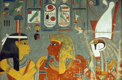 Hórusz, Horemheb és Hathor, Horemheb sírjából (Kr. e. 1323-1295) Új Királyság (falfestmény) alkotó: Egyptian 18th Dynasty