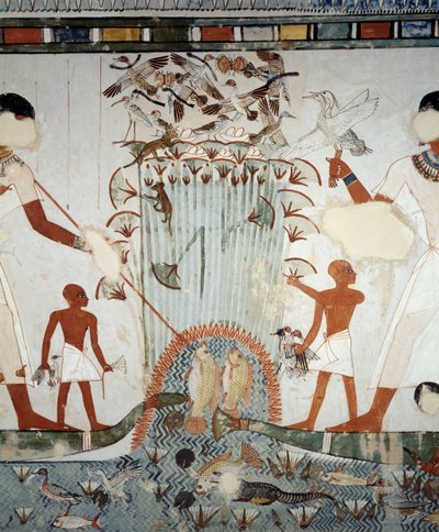 Menna és családja a Nílus mocsarain horgásznak és madarásznak, részlet a Menna sír kápolnájának freskóiról, Abd el Qurnah sejk nekropolisza, Luxor, Théba (az Unesco világörökségi listája) alkotó: Egyptian 18th Dynasty