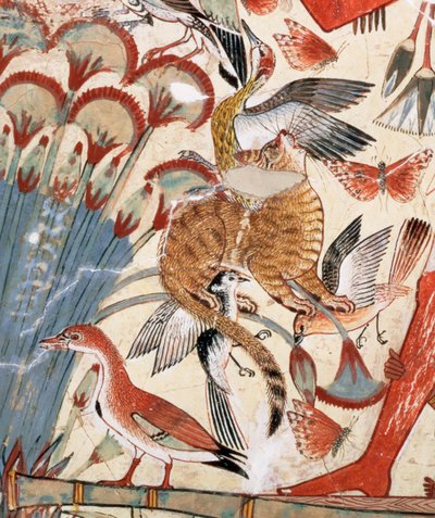 Nebamun a mocsarakban vadászik feleségével és lányával, Nebamun sírkápolnájának falfestményének része, Théba, Újbirodalom, Kr.e. 1350 körül (festett vakolat) (3748-as részlet) alkotó: Egyptian 18th Dynasty