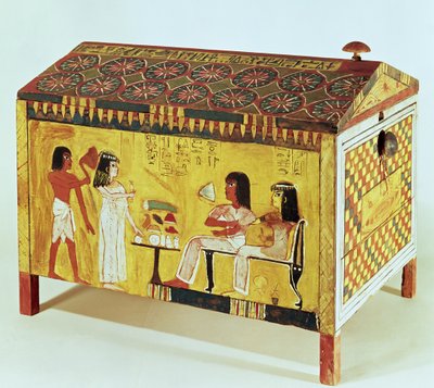 Festett láda bankettjelenettel Kha sírjából (i. e. 1390-52), amelyet Deir el-Medinában, Új Királyságban találtak (fa) alkotó: Egyptian 18th Dynasty