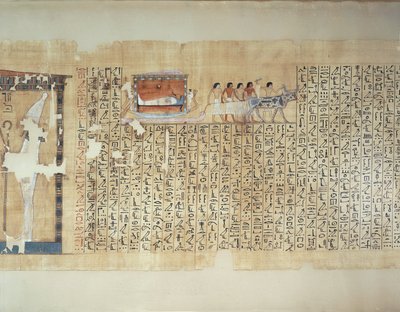 Papirusz, amely szarkofág szállítását ábrázolja ökör által húzott kocsin, a Maiherperi halottak könyvéből. alkotó: Egyptian 18th Dynasty