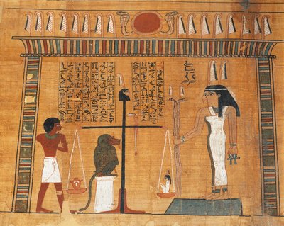 A halottak könyvének papirusza: az Ozirisz bírósága előtti eljárás alatt álló elhunyt alkotó: Egyptian 18th Dynasty