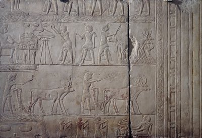 Horemheb fáraó, amint mezőgazdasági munkát végez Iaru földjein, miközben átveszi a földművesek által felajánlott termést, mészkő faldombormű, Horemheb memfita sírjából Szakkarában, Egyiptomi civilizáció, Újbirodalom, XVIII. dinasztia alkotó: Egyptian 18th Dynasty