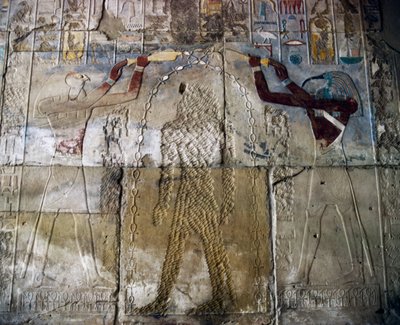 Hatsepszut királynő Hórusz és Thot isten között, festett dombormű, Hatsepszut Vörös Kápolnájának csarnoka, karnaki templomkomplexum (UNESCO Világörökség listája). alkotó: Egyptian 18th Dynasty
