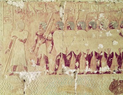 Dombormű, amely a Hatsepszut királynő által Punt földjére küldött expedícióra küldött katonákat ábrázol, hogy visszahozzák a templomi rituáléhoz felhasználható összetevőket a Hatsepszuti Halotti Templomból, Kr.e. 1503-1482, Új alkotó: Egyptian 18th Dynasty