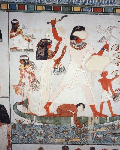 Vadászat és horgászat jelenete a mocsarakban, freskó, északi fal, hosszanti kamra, thébai sír TT69, Sheikh Abd el-Qurna, Théba (az Unesco világörökségi listája alkotó: Egyptian 18th Dynasty