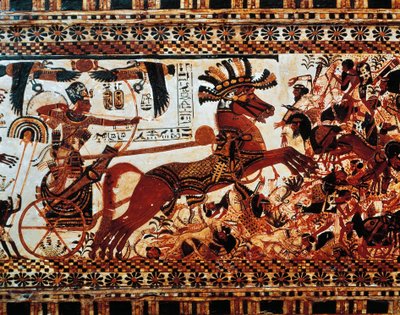 A Vadászláda. Részlet a jelenetből, amely a királyt ábrázolja szekerén, ahogy legyőzi az ázsiai ellenségeket, Újbirodalom, XVIII. dinasztia alkotó: Egyptian 18th Dynasty