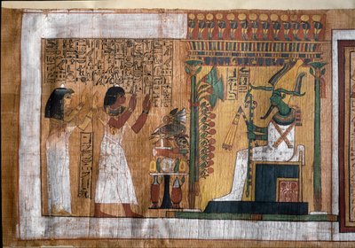 Az elhunyt Kha és felesége Merit imádják Ozirist, a túlvilág urát - Papirusz a Halottak könyvéből, Kha építész sírkamrájából alkotó: Egyptian 18th Dynasty