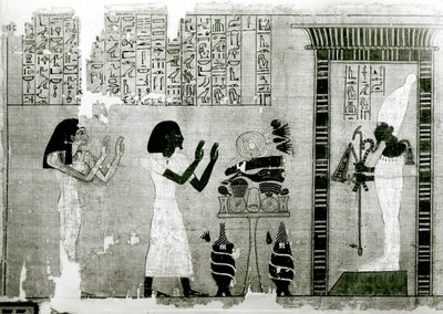 Az elhunyt nővére kíséretében Ozirisz előtt tisztelegni megy, részlet a Halottak könyvéből, Új Királyság (papirusz) alkotó: Egyptian 18th Dynasty
