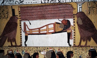 Az elhunytak elhelyezése, falfestmény, Sennedjem sírja, Királyok Völgye, Luxor, Théba (UNESCO Világörökség) alkotó: Egyptian 18th Dynasty